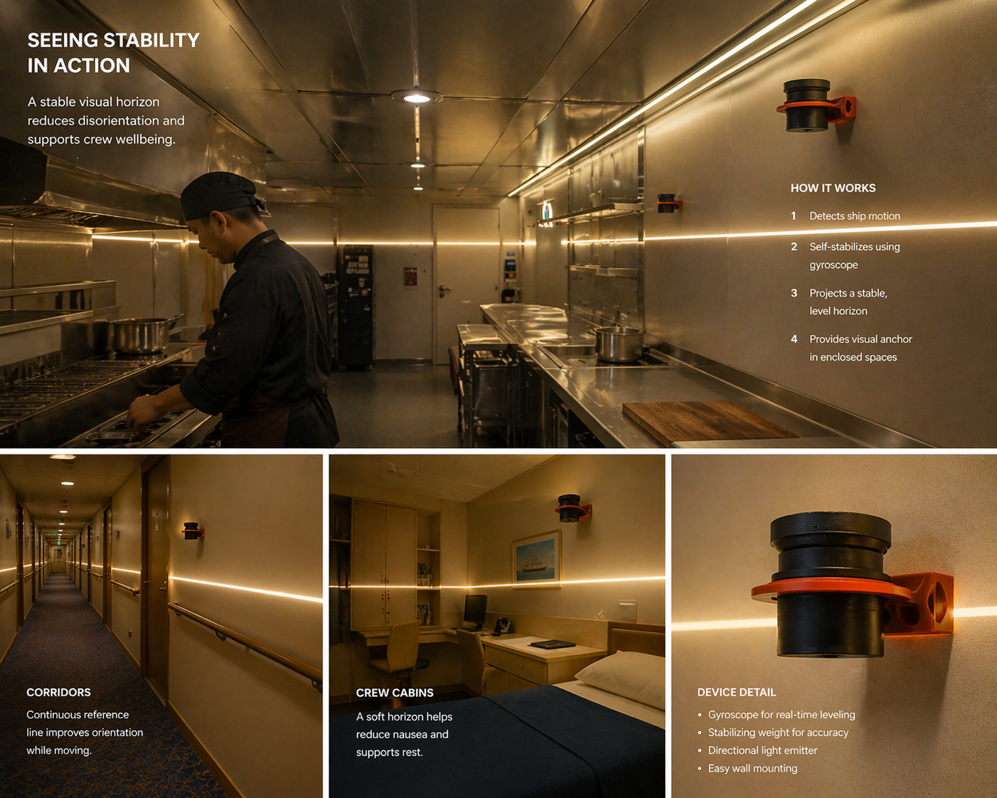 HorizonLine device installed in ship kitchen, corridor, and crew cabin — showing the projected horizon line across each space